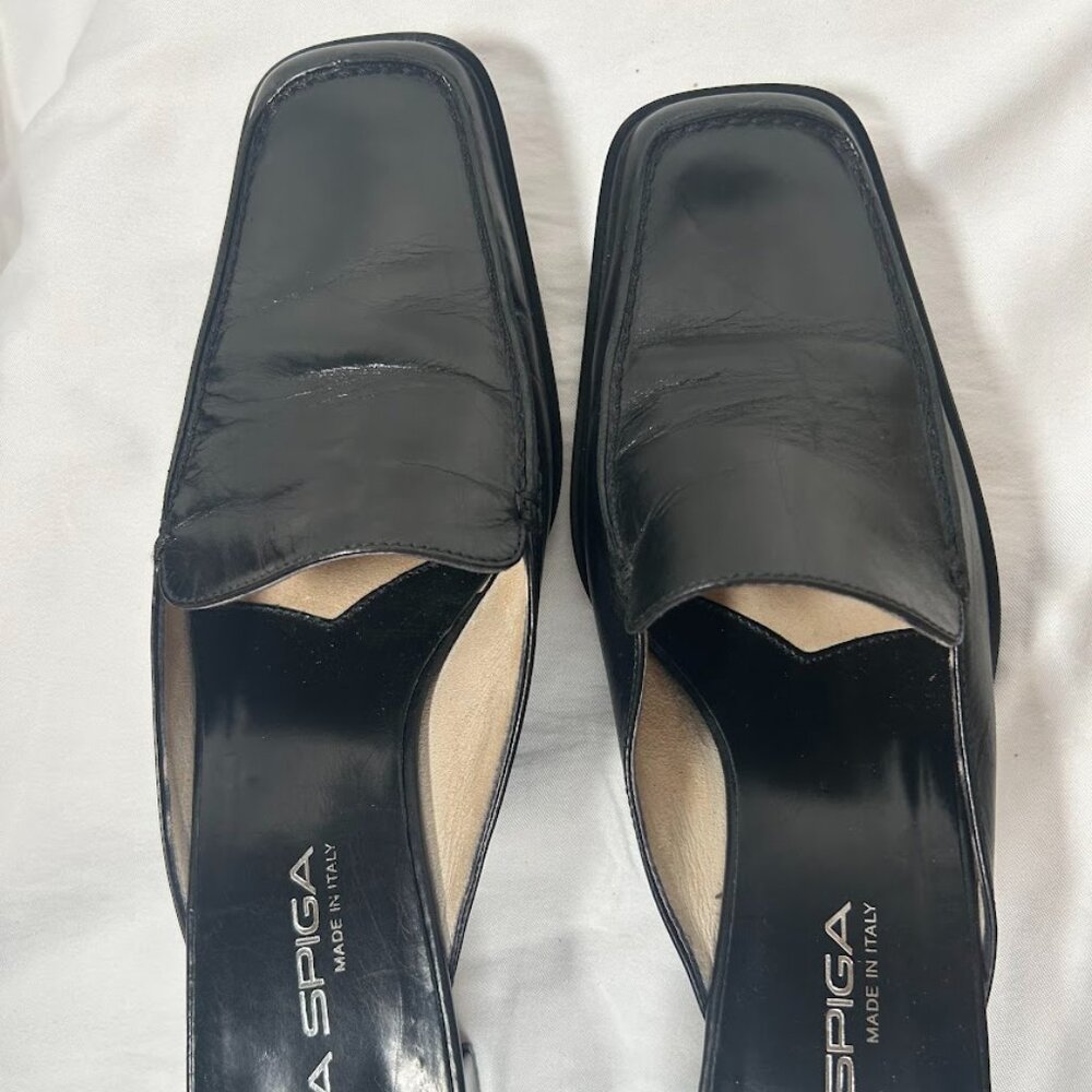 Via Spiga Black Leather Mule Heels Made in Italy Size 7 Slip On Sleek Minimalist - Picture 7 of 12
